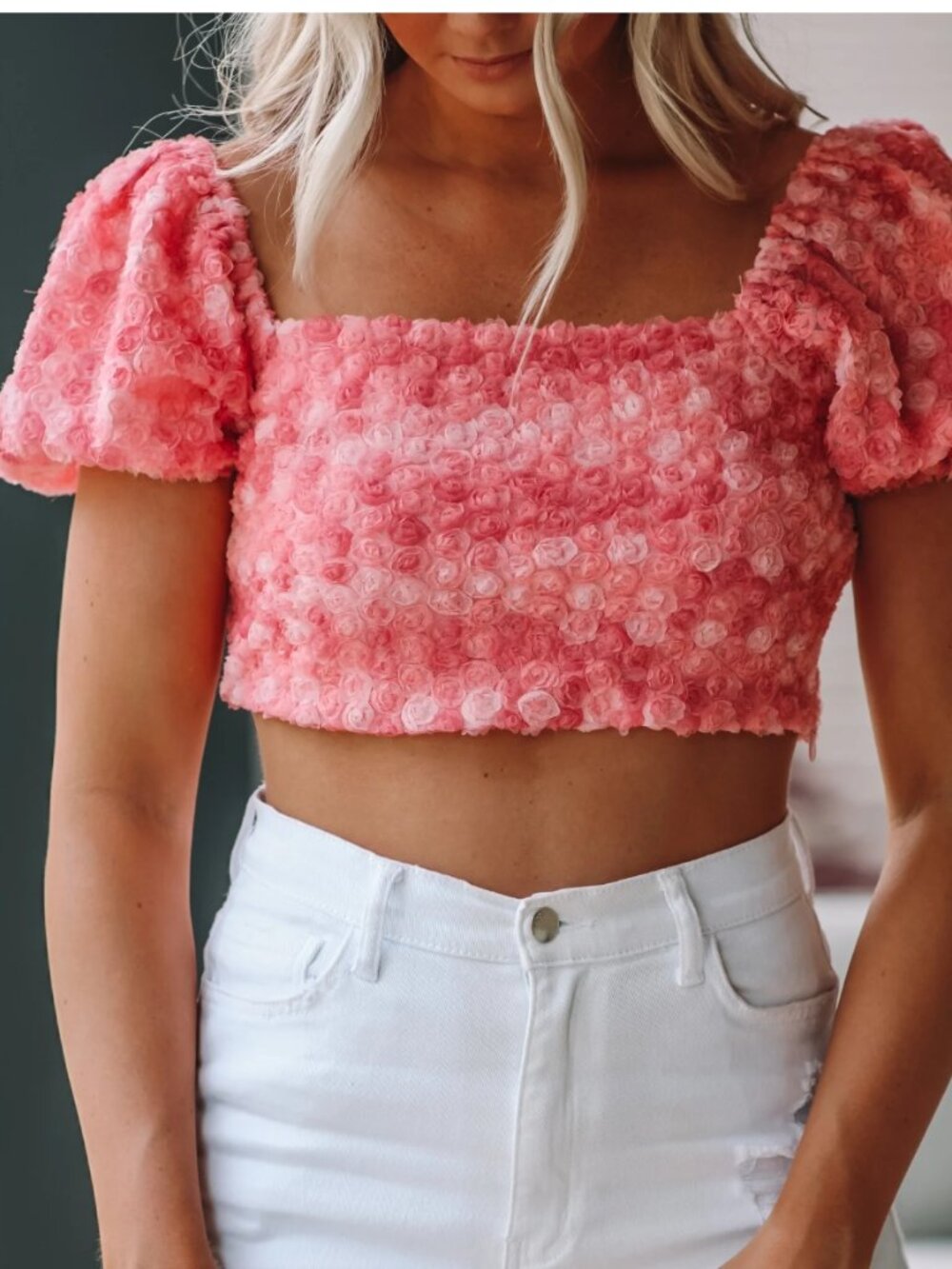 Le Lis Pink 3D Rosette Crop Top Womens S Chiffon Roses Puff Sleeve Party Festive